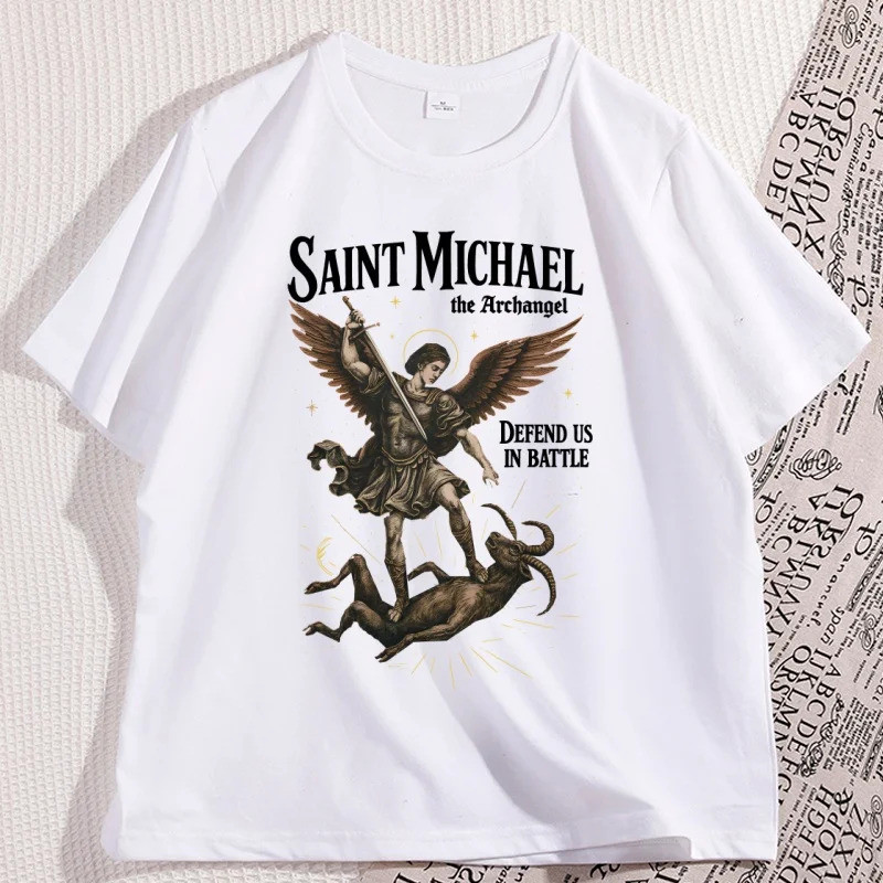 ซานิท ไมเคิล เสื้อยืดวินเทจ ผู้ชาย ผู้หญิง เสื้อยืดเทวดา เสื้อยืดคาทอลิก เซนต์คริสเตียน เสื้อยืดลำลอง คอกลม พิมพ์ลาย