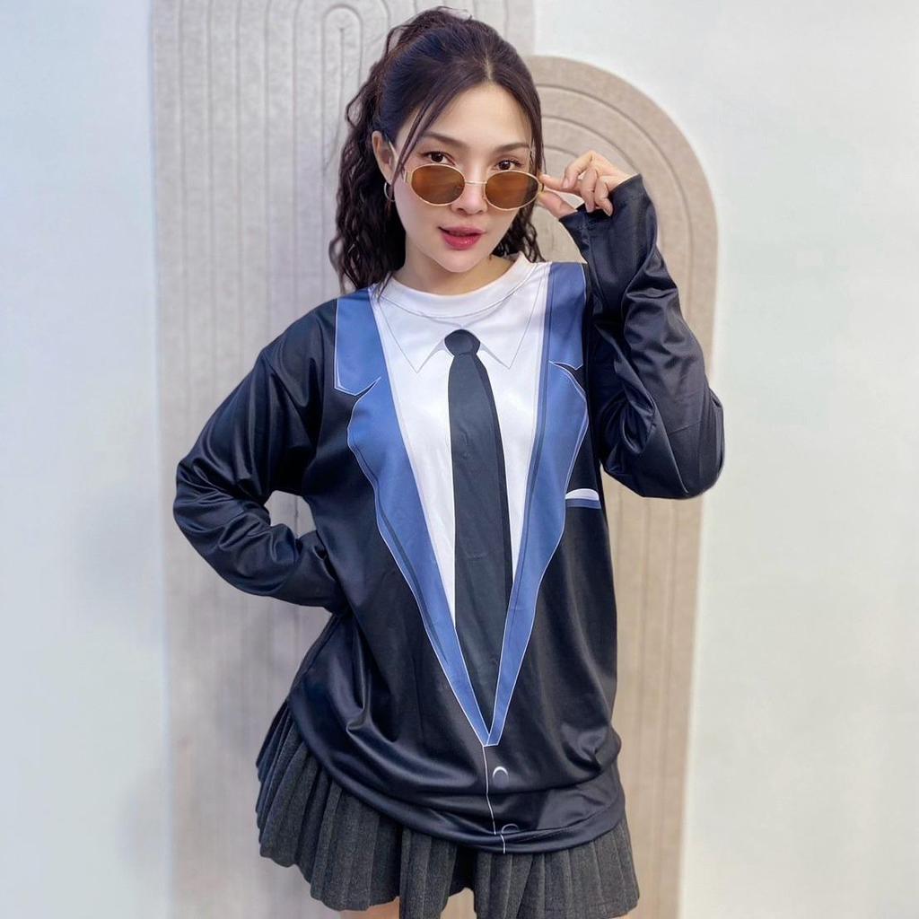 TMS เสื้อผ้ายืด คอกลม พิมพ์ลาย สูทพี่ชาวี พร้อมส่ง แขนสั้น แขนยาว ผ้ากีฬา ไซส์ใหญ่ S-5XL ไม่ร้อน ตลกๆฮาๆ สูทปลอม สูธ สูด