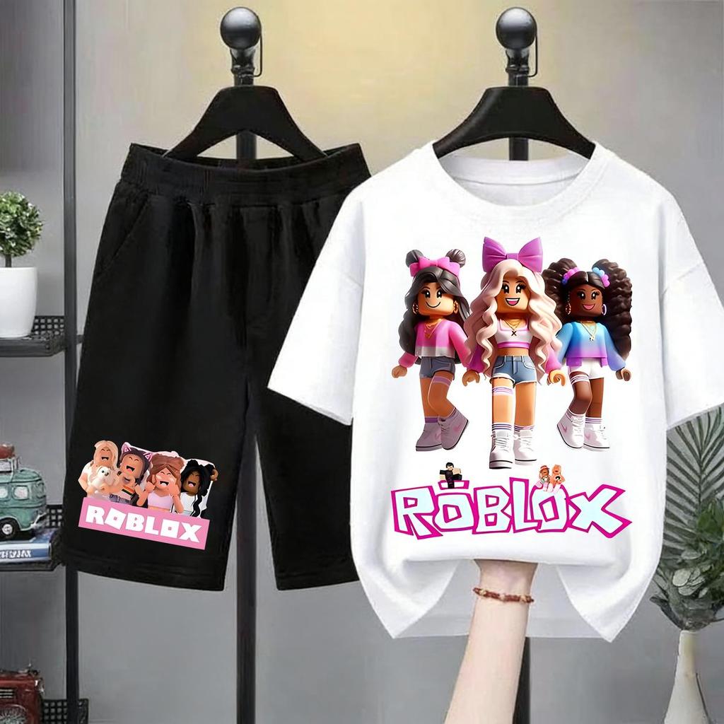 kids เสื้อยืดเด็ก Skins Roblox สีชมพู ทรงโอเวอร์ไซส์ ผ้าคอตตอนเนื้อนุ่ม 8 สี เสื้อยืดแขนสั้นเด็กผู้หญิง ป้องกันกา