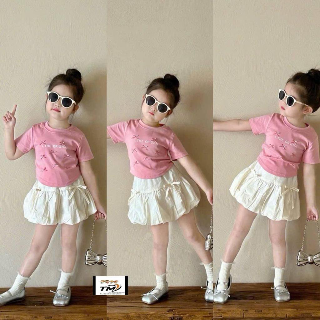 G375 (ขนาด 90-140) ชุดเซ็ทเสื้อชมพูติดตกแต่งโบว์ และกางเกงสีขาวทรงบอลลูน