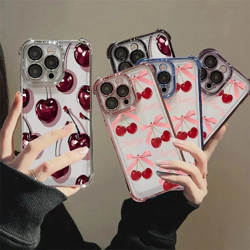 Red Cherry Bow Clearเคสโทรศัพท์สําหรับOPPO Reno 11 10 9 8 8T 7 6Z 5 4 Pro Plus A94 กันกระแทกนุ่มน่าร