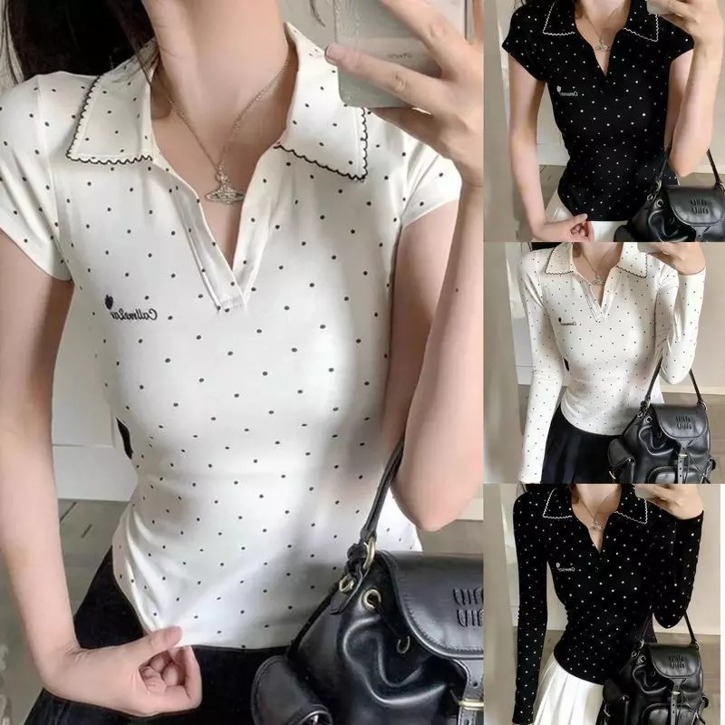 เสื้อยืดแขนสั้นคอโปโลสีขาวลายจุดสไตล์เรโทรอเมริกัน ทรงเข้ารูป สำหรับผู้หญิง
