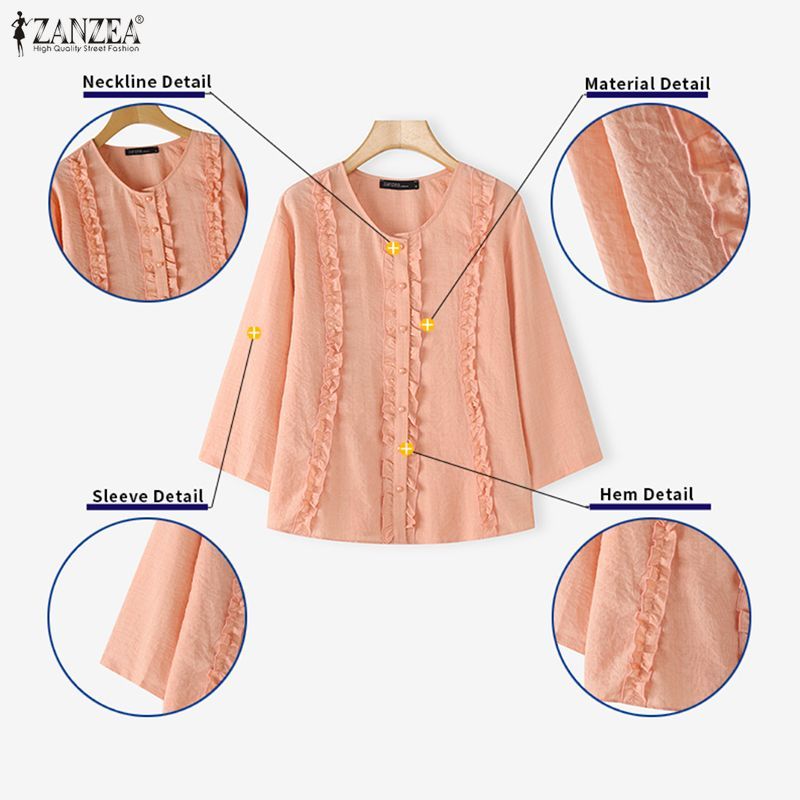 ZANZEA เสื้อลายแพตช์เวิร์คและรัฟเฟิล สไตล์เกาหลีสำหรับผู้หญิง มีปุ่มด้านหน้า แขนสั้น 3/4 — صورة 7