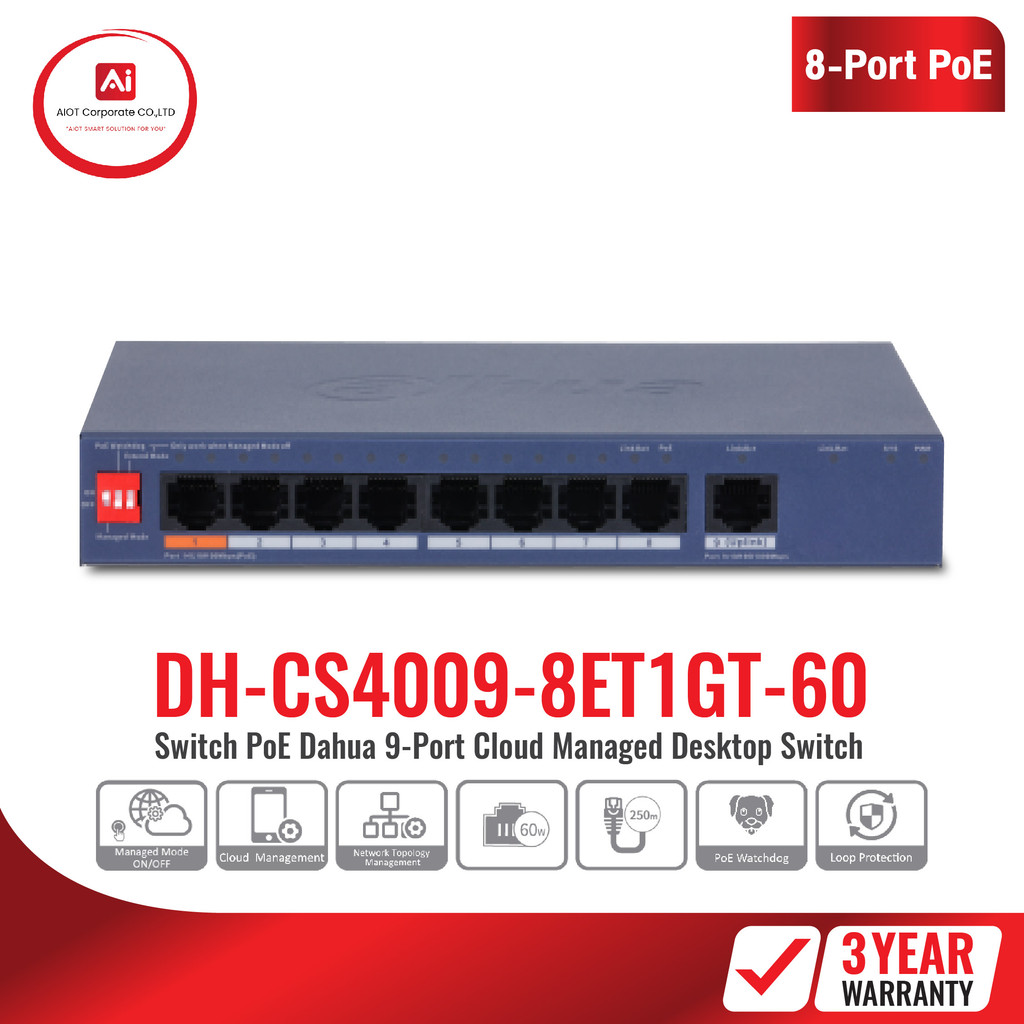 สินค้าใหม่ DAHUA รุ่น  DH-CS4009-8ET1GT-60 : 8 × RJ-45 10/100 Mbps PoE ports, 1 × RJ-45 Gigabit port