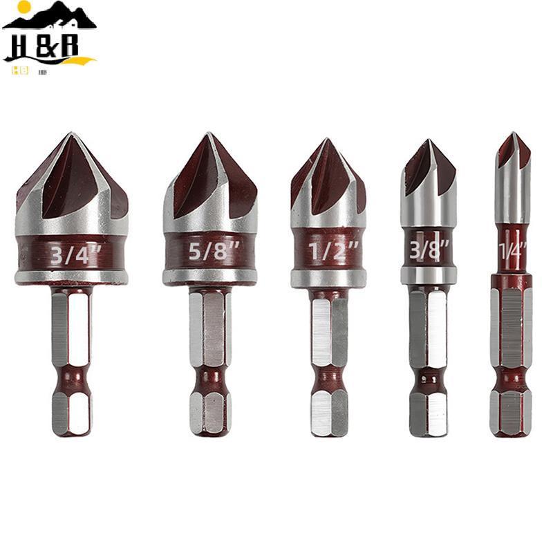 H&B Hole Opener Chamfer เจาะ Bit Hex Shank งานไม้ Chamfering เครื่องมือ 82° Countersink Precision Multi-Size Countersink Bits {th}