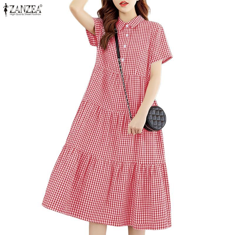 ZANZEA ชุดราตรียาวแนวเรโทรสำหรับผู้หญิง ดีไซน์ Raglan กับลวดลายสก๊อตและระบาย A-Line – โปรปัง