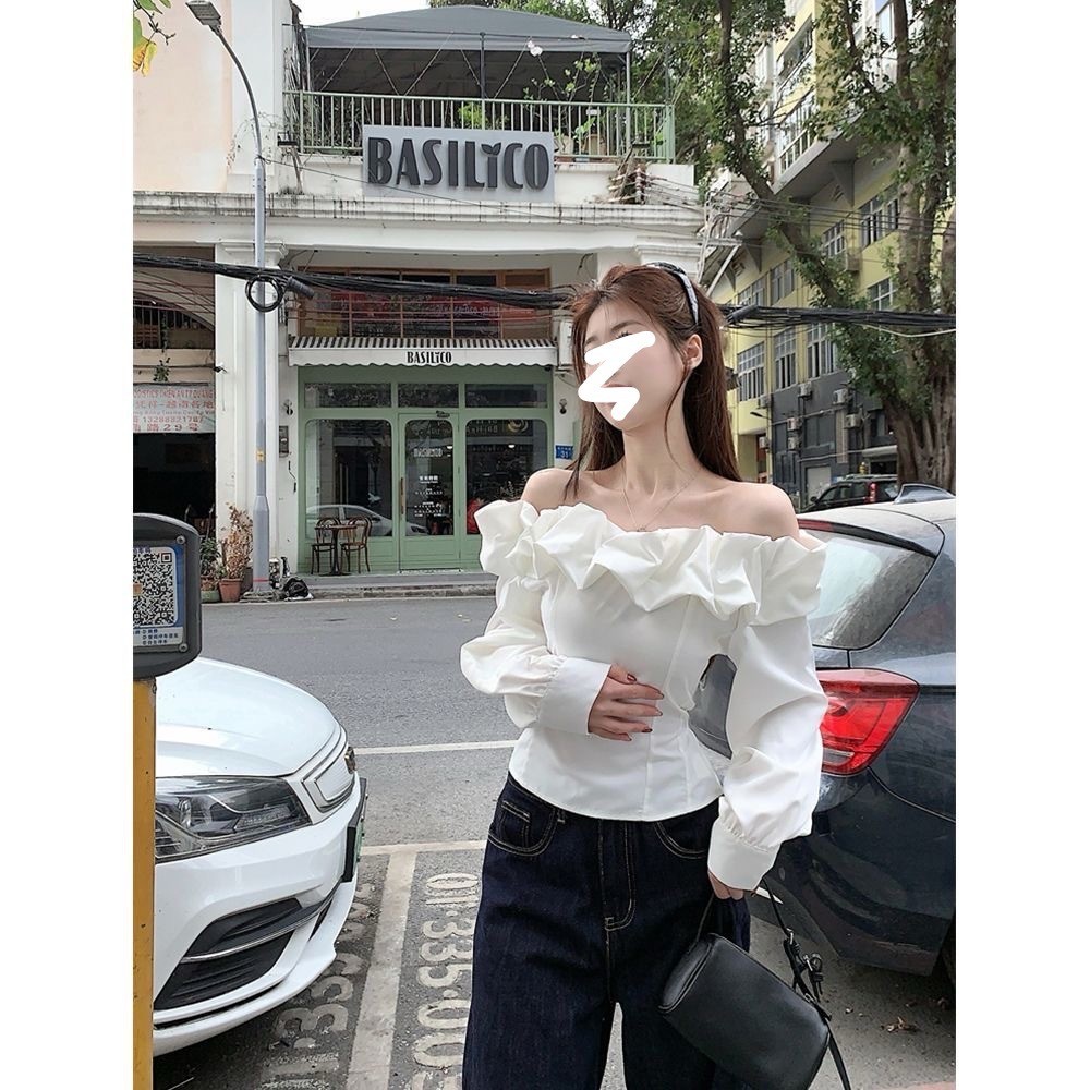 เสื้อสีขาวเสื้อเกาะอกold money ผู้หญิง เสื้อเกาหลีเสื้อเกาหลีแขนยาวทรงเข้ารูปสันทนาการ