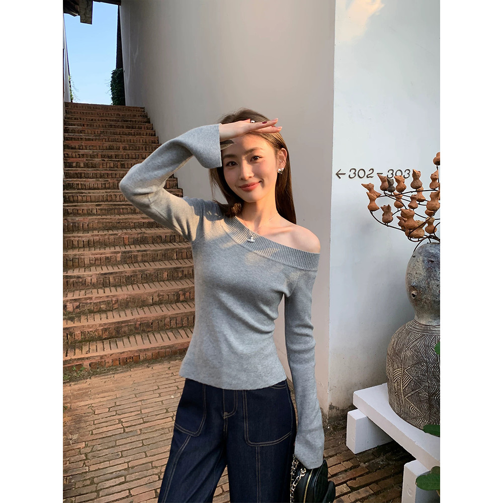 <Moses Queen> เสื้อไหมพรมแขนยาวสีดำสไตล์เกาหลี เปิดไหล่ เหมาะสำหรับการสวมทับในฤดูใบไม้ร่วงและฤดูหนาว ช่วยให้ดูผอมเพรียวและเข้ารูป ราคา ถูกที่สุด ดีลบีเคเค แกลเลอรีภาพที่ 5