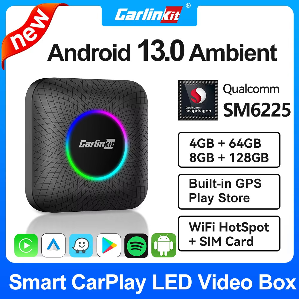【พร้อมส่ง】8+128GB Carlinkit Ai BOX 13 LED แอนดรอยด์ไร้สาย Android Auto & CarPlay Smart TV Box QCM6225 อุปกรณ์เสริมร