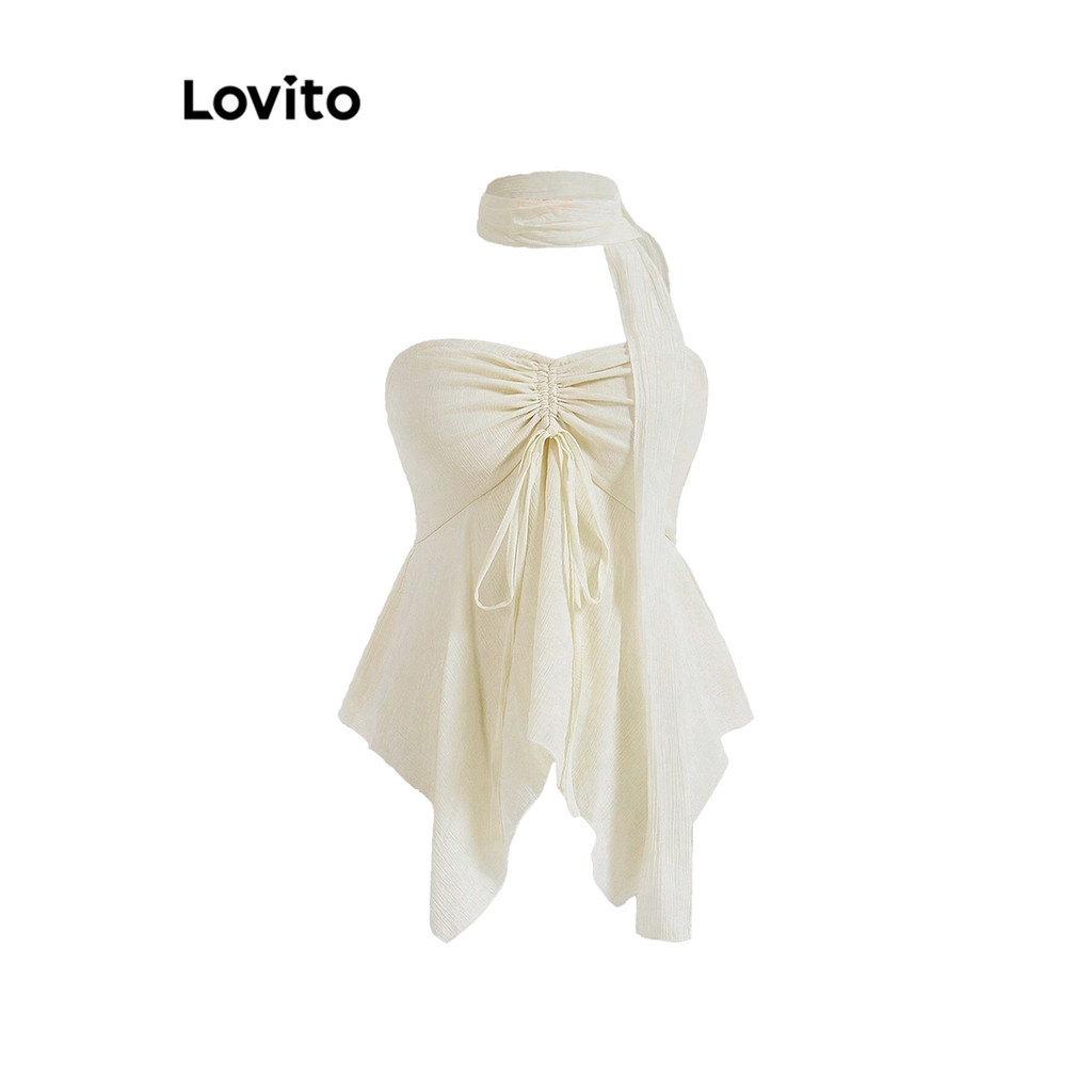 Lovito โบโฮ เสื้อเกาะอก สีพื้น เชือกรูด อสมมาตร เนื้อผ้ามีเท็กซ์เจอร์ ผู้หญิงสไตล์ L106AD418