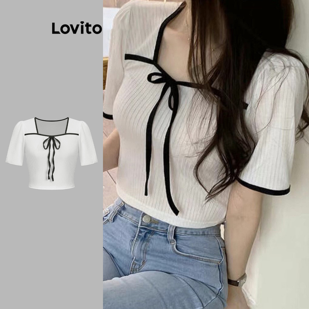 Lovito เสื้อยืด ผ้าเท็กซ์เจอร์ ผูกเชือก กุ๊นขอบสีตัดกัน สีพื้น สไตล์ลำลอง สำหรับผู้หญิง L114AD399