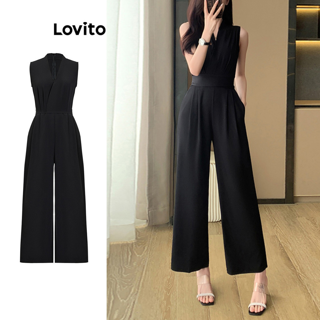 Lovito จั๊มสูทผู้หญิง แต่งจีบ สีพื้น สไตล์ลำลอง LED104525