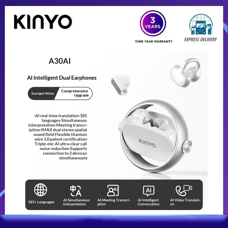 KINYO A30 บลูทูธ dual-headset ชิ้นเดียว AI การแปลสไตล์คลิปหูใหม่การตีความพร้อมกันแบบไร้สายแบบเรียลไท