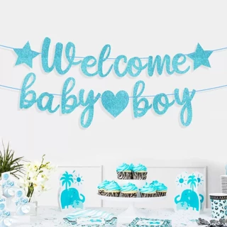ธงตกแต่ง Welcome Baby ธงต้อนรับเบบี๋ ตัวอักษรตกแต่ง กระดาษแข็ง กลิตเตอร์