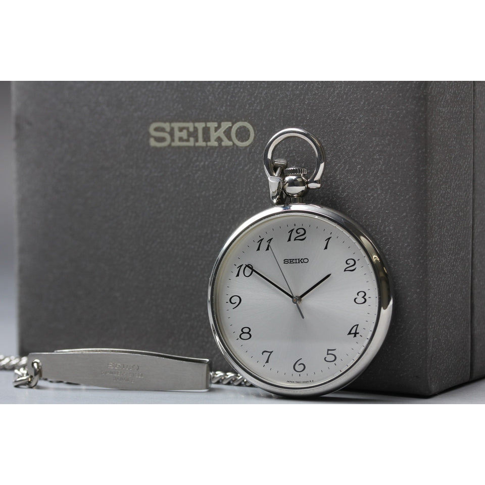 Vintage 1999 [N MINT] Seiko 7N01-0020 Silver Seconds Round 38mm Qz Pocket Watch
