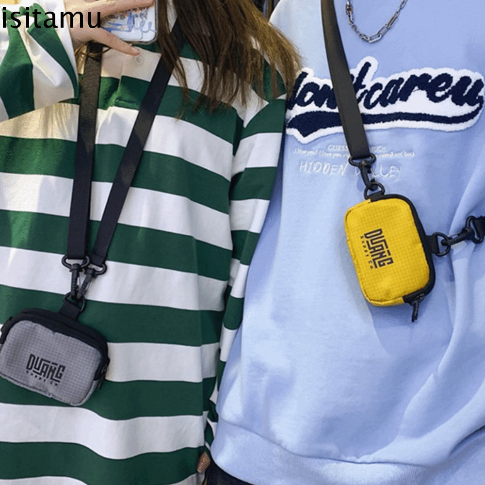 ISITAFT กระเป๋าใส่เหรียญไนลอน, Lanyard กระเป๋าสะพายข้างคู่สไตล์ญี่ปุ่น, คอแขวนเรียบง่าย Casual Letter Mini Storage Bag นักเรียน