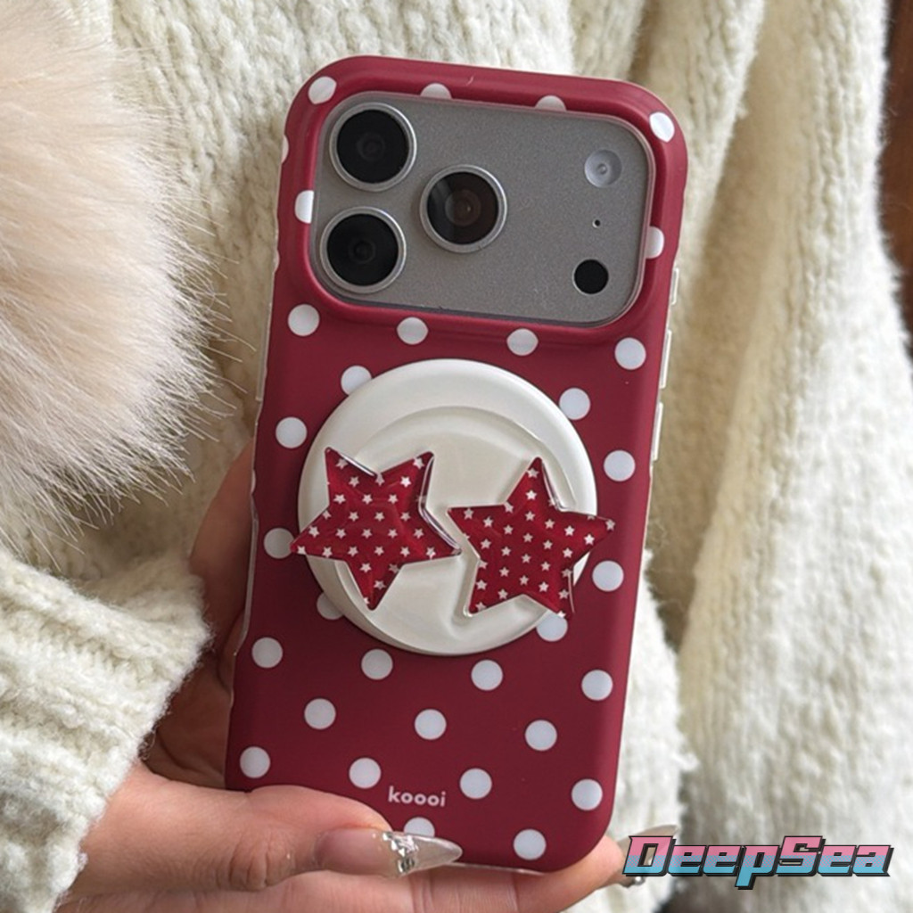 เคสโทรศัพท์สําหรับ iPhone 17PM 16 15 Pro Max 14 13 Polka Dot รูปแบบสีแดงพร้อมแม่เหล็กดึงดูดดาวรูปไข่ขาตั้ง Soft TPU Anti-scratch กันกระแทก Dirt Resistance Shell – โปรปัง