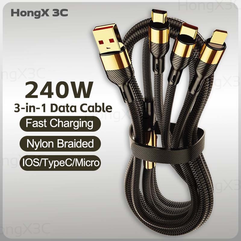 1-to-3 USB ถึง IOS/Type C/Micro สายชาร์จโทรศัพท์ 240W Super Fast Charge ข้อมูลสายไนลอนถักรถสายชาร์จสําหรับโทรศัพท์/แท็บเล็ต