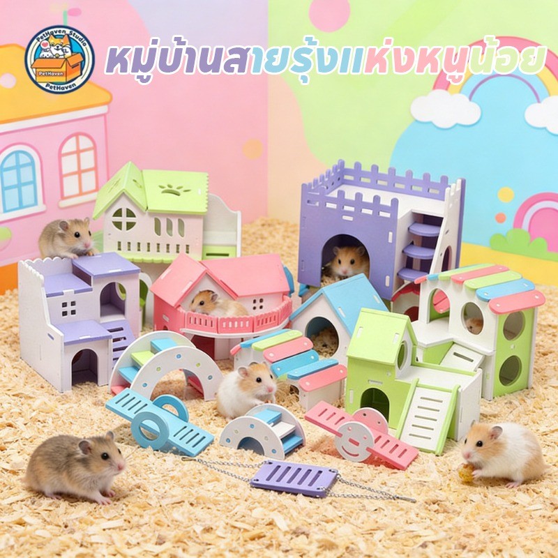 【NEW】 บ้านไม้ 2 ชั้น พร้อมสะพานไม้ สำหรับหนูแฮมสเตอร์ สวยงาม ปลอดภัย