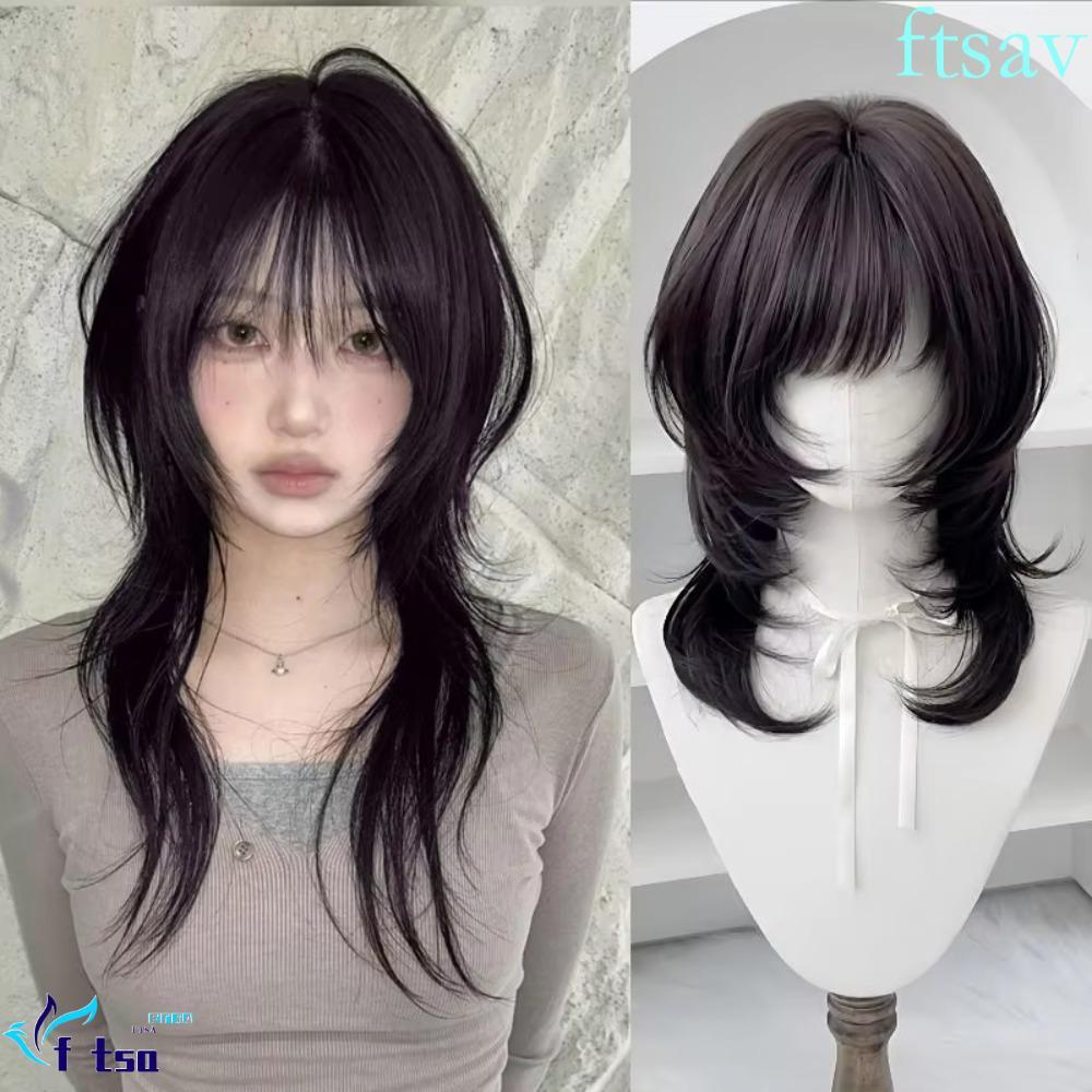 วิกผมสังเคราะห์สีน้ำตาลดำ ทรง.Layered Bangs และ Wolf Cut สำหรับคอสเพลย์และแฟชั่น Lolita