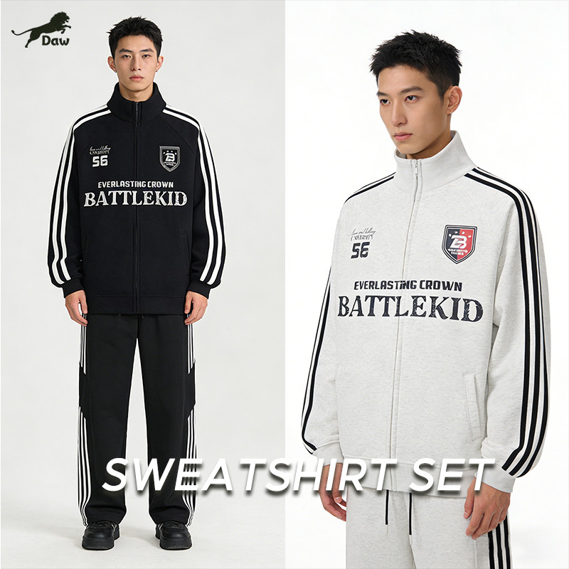 DAW เสื้อแจ็คเก็ตวอร์มแขนยาว ชุด 2 ชิ้น มีลายแถบสองข้าง ลายพิมพ์ตัวอักษร สไตล์เกาหลี สบายๆ Hoodie