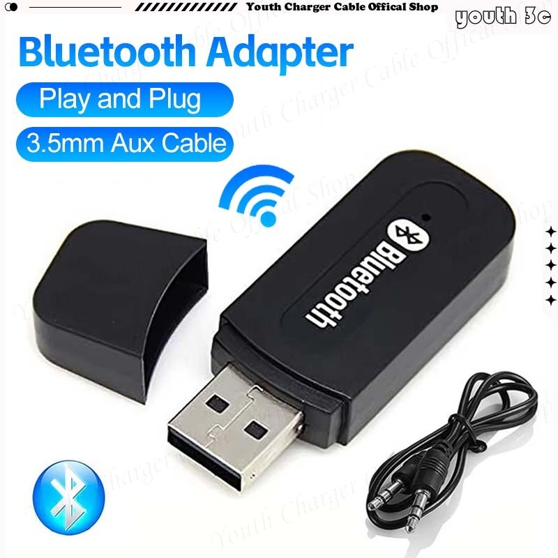 อะแดปเตอร์ USB บลูทูธพร้อมสายเคเบิลแจ็ค 3.5 มม.AUX เครื่องเล่นเสียงไร้สายตัวรับสัญญาณลําโพงรถแปลงเล่นและปลั๊กสําหรับพีซี/รถ/แล็ปท็อป