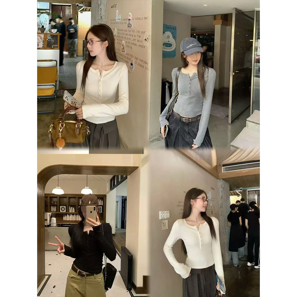 <Moses Queen> เสื้อยืดแขนยาวสไตล์อเมริกันสำหรับสาวฮอต ดีไซน์เข้ารูปช่วงไหล่ คอเหลี่ยมติดกระดุม เสื้อสั้น