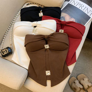 HOT 'พร้อมส่ง' เสื้อเกาะอก มีฟองน้ำ รัดรูป ทรงสวย แต่งเพรชเทียม FY5609