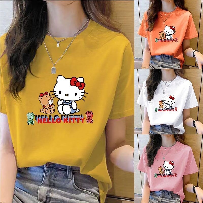 แฟชั่นแฟชั่นสีแดงผู้หญิงคอฤดูร้อนตาข่าย2026พิมพ์ผู้หญิงสบายๆรอบสไตล์สั้นการ์ตูนteecodแฟชั่นที่เรียบง