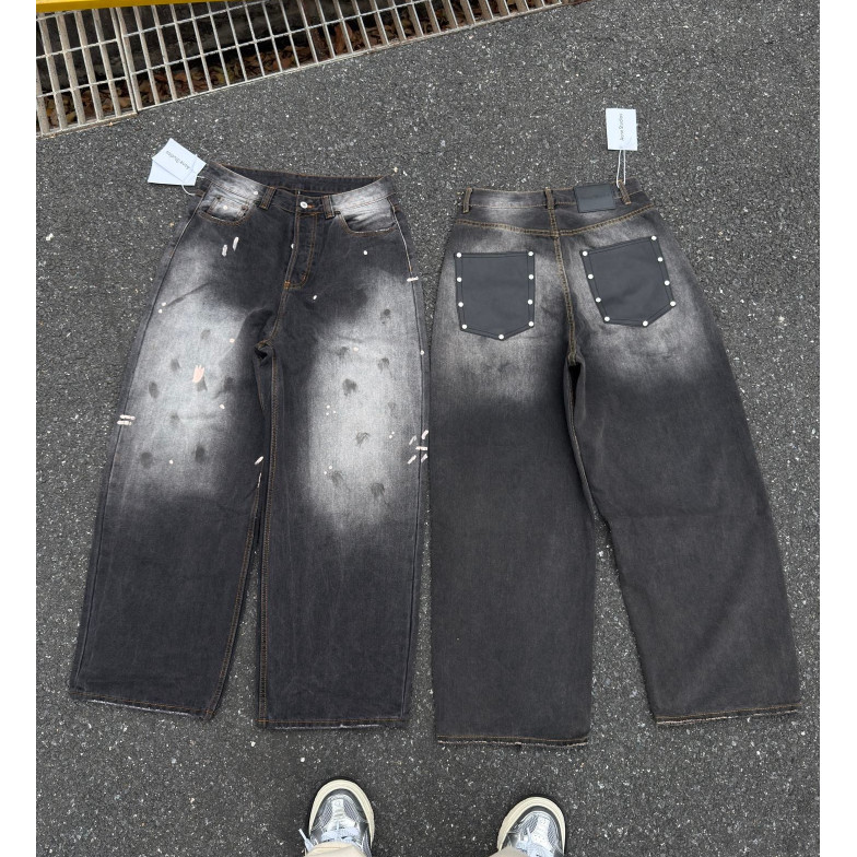0082 Splash Ink Pocket Retro Loose Dirty Denim Pants
