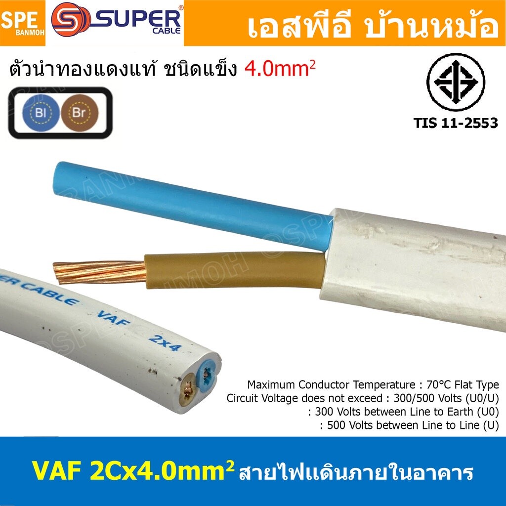 [ 1 เมตร ] สายไฟบ้าน VAF 2Cx4.0 sq.mm. ฉนวนสองชั้น ชนิดแกนเดี่ยว เดินไฟในบ้าน สายไฟแข็ง 3 แกน 2x4.0 