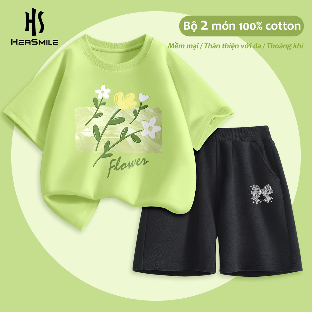 ชุดเสื้อยืดเด็กผู้หญิงหน้าร้อนSmile ผ้าคอตตอนเนื้อนุ่ม ระบายอากาศได้ดี ใส่เย็นสบายตลอดวัน ไม่อับชื้น