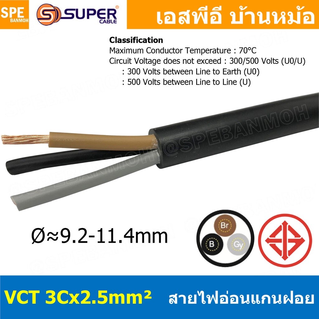 [ 1 เมตร ] VCT-3x2.5 สาย VCT 3C X 2.5 sq.mm สายอ่อน 3 คอร์ Size 2.5 sq.mm VCT AC Power Cable สายไฟ A