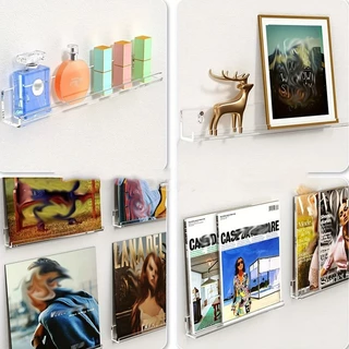 ชั้นวางหนังสือแบบติดผนัง อะคริลิคใส ไม่ต้องเจาะรู ชั้นวางโชว์ ชั้นวางหนังสือ สำหรับวางหนังสือ นิตยสาร CD ชั้นตกแต่งผนัง