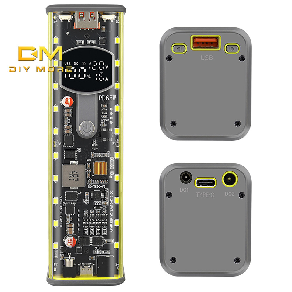 DIYMROE PD 65W Super Fast Charging โปร่งใส Power Bank กรณี Solder-ฟรี 8 เซลล์ 18650 กล่องแบตเตอรี่ DC แรงดันไฟฟ้าปรับ