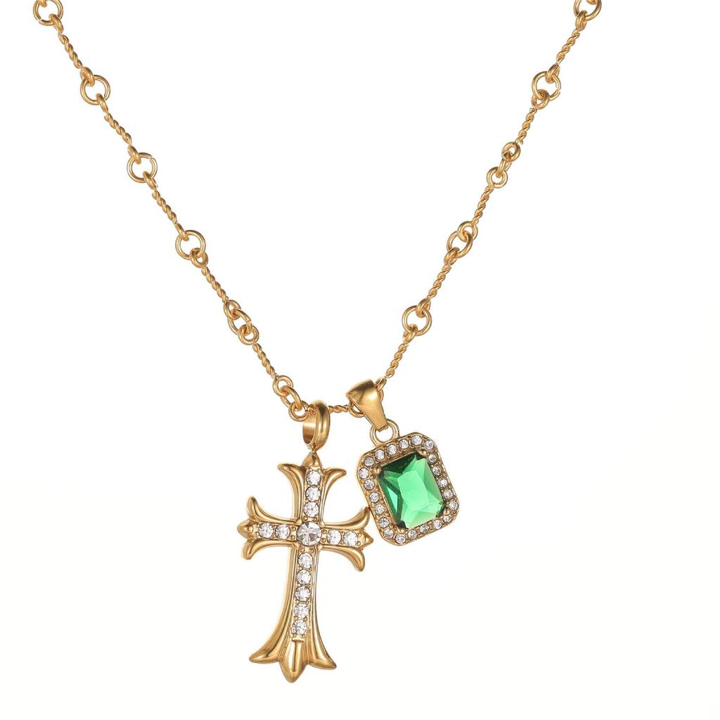 Cross-Border High-End Emerald Diamond Cross Combination สร้อยคอผู้ชายผู้หญิง Hip-Hop ไทเทเนียมเหล็กเ