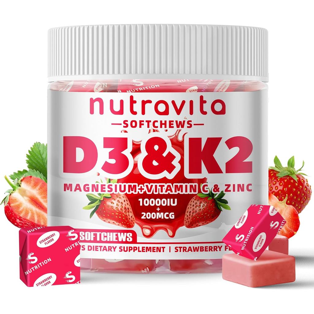 Nutravita Sugar-Free Vitamin D3 K2 Chews with Calcium + K2 (MK-7), Magnesium Citrate, Vitamin C, Ext