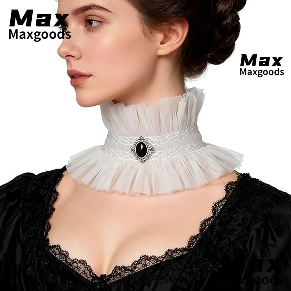 MAXG Gothic Collar, Ruffle สีดําสีขาวลูกไม้ Jabot Collar, คอเครื่องประดับอัญมณีตกแต่ง Victorian สไตล