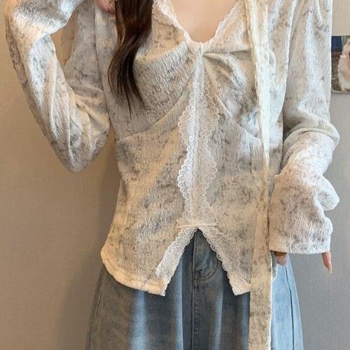 ปากจริงคอขนาดเย็บข้ามขนาดใหญ่สไตล์ใหม่ฤดูใบไม้ร่วงV Body Shot 25 ปีผู้หญิงลูกไม้ด้านบนสาวร้อนCODfash