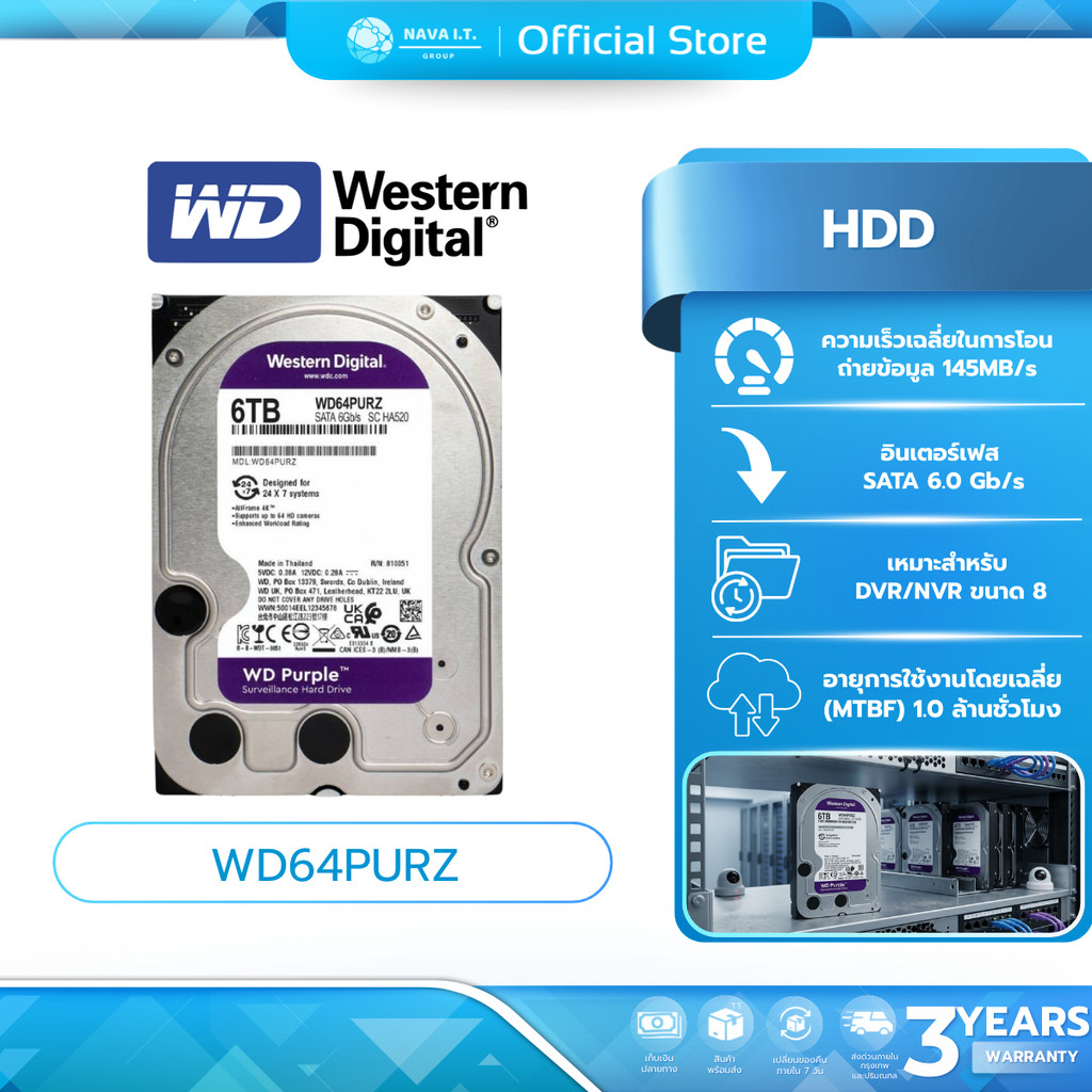 (มีส่งด่วน) WD HDD WD PURPLE 6TB (ฮาร์ดดิสก์) (WD64PURZ)