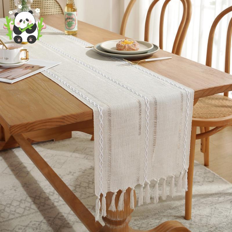 Ourwarm Farmhouse Linen Table Runner, ครีมแถบขาวและพู่, 13x63 นิ้ว (33x160 ซม.) Boho Table Runner สํ