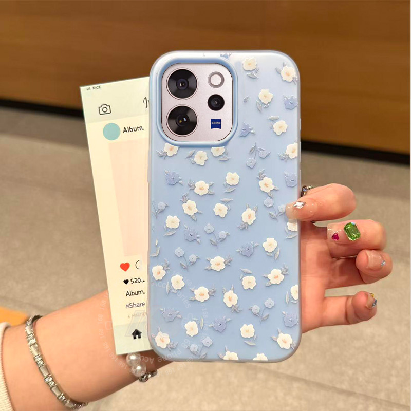 เคส Vivo V70 Case เคสน่ารักสีฟ้า-ขาว ดอกเล็ก ๆ สีลูกกวาด แบบด้าน แข็งกันกระแทก โทรศัพท์ 2-in-1 สัมผัสแบบด้าน ป้องกันรอยนิ้วมือ เคส DIY