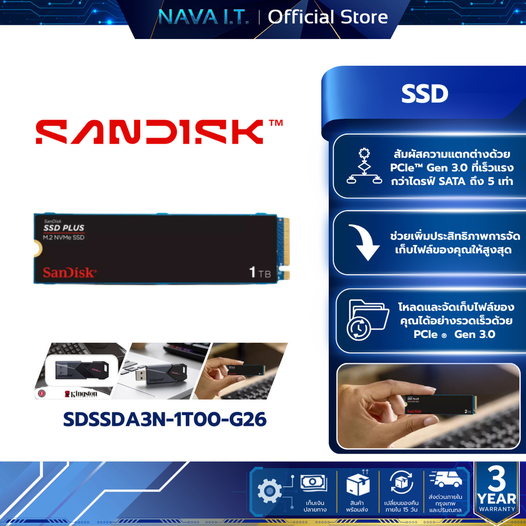 SANDISK Plus NVMe SSD, 1TB, PCIe Gen 3.0, M.2 2280-S3-M, Spe (SDSSDA3N-1T00-G26)