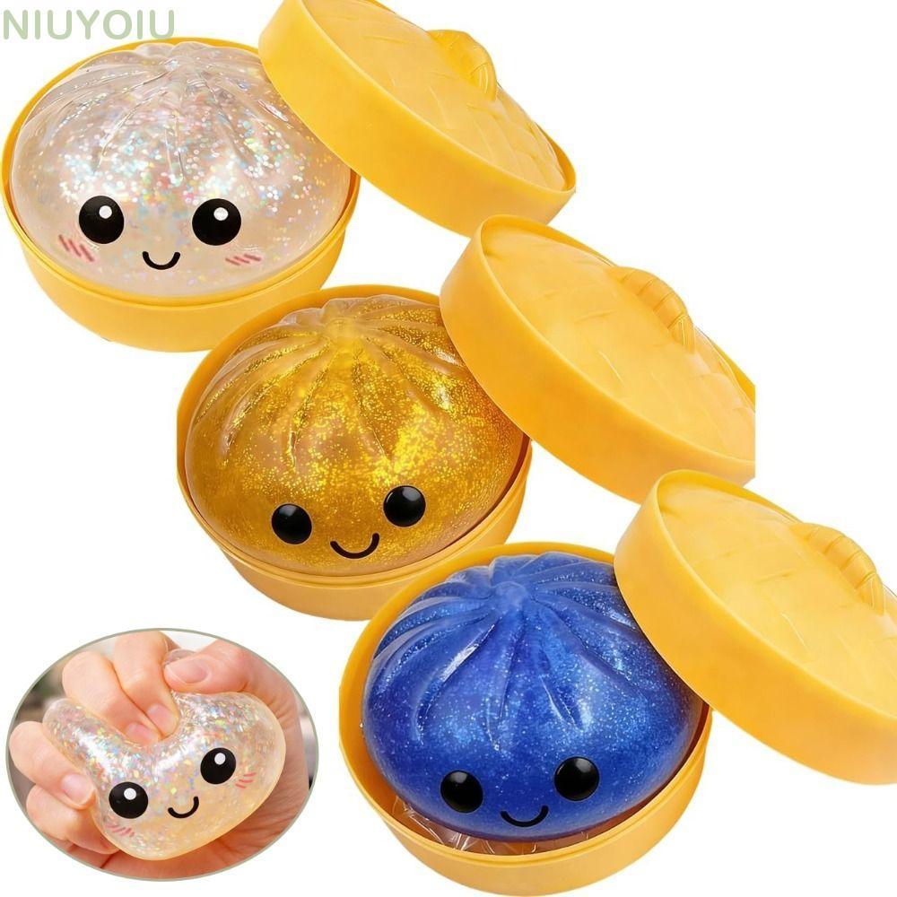 NIUYOMY ซาลาเปายัดไส้นึ่ง Squishy Pinch Le, Soft Slow Resilience Dumplings Squishy Toy, Glitter with Steamer Fidget Stress Relief Sensory Ball สําหรับบรรเทาความเครียดความวิตกกังวล