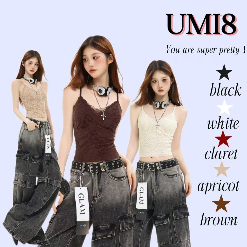 UMI8 【ในสต็อก】  เสื้อสายเดี่ยวคอวีแต่งลูกไม้สุดเซ็กซี่สำหรับผู้หญิง สไตล์ฤดูใบไม้ผลิ มีฟองน้ำเสริมทรง – โปรปัง