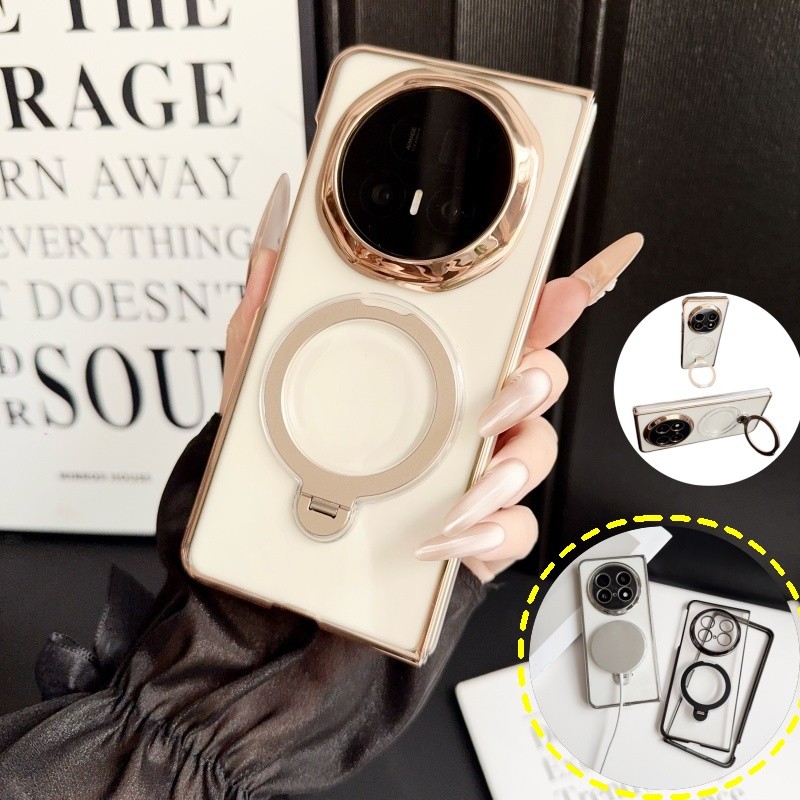 Magnetic Electroplated Clear Case Casing สําหรับ Honor Magic V6 V5 V3 VS3 V2 VS2 ฝาครอบพร้อมขาตั้งแหวน