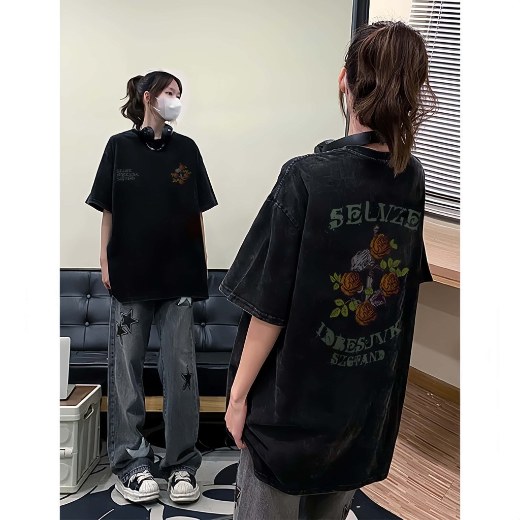 CODACE BEAUTY 100% ล้างผ้าฝ้าย Unisex แขนสั้นแนวโน้มเสื้อยืดพิมพ์ผู้หญิง Baggy คอรอบเสื้อหลวม LIVEKo