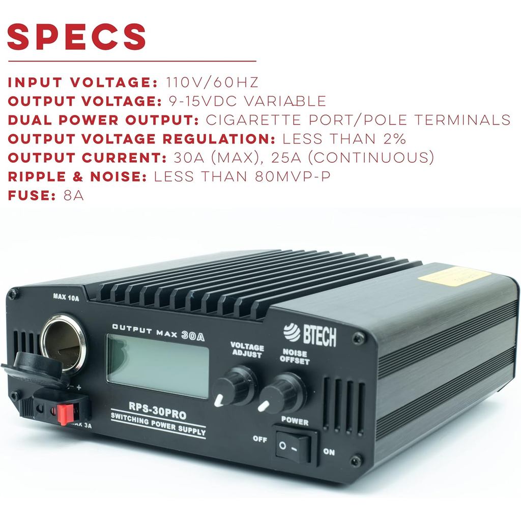 BTECH RPS-30PRO 30 Amp Regulated Universal Compact Bench Power Supply, AC-to-DC Power Converter, 13.