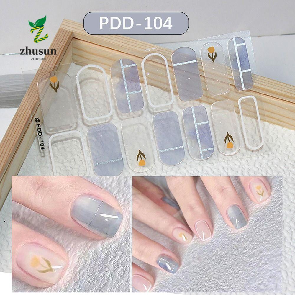 ZHUSUN สติ๊กเกอร์ติดเล็บเจล, 14Strips Semi Cured Nail Patch, กันน้ําคลุมทั้งหมด Floritistic Nail Art