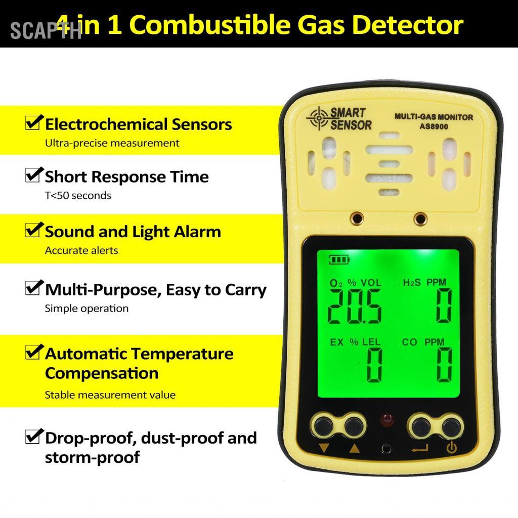 Scapth AS8900 4 in 1 เครื่องวิเคราะห์เครื่องตรวจจับก๊าซติดไฟแบบใช้มือถือ Multi-Gas Monitor CO H?S ป้